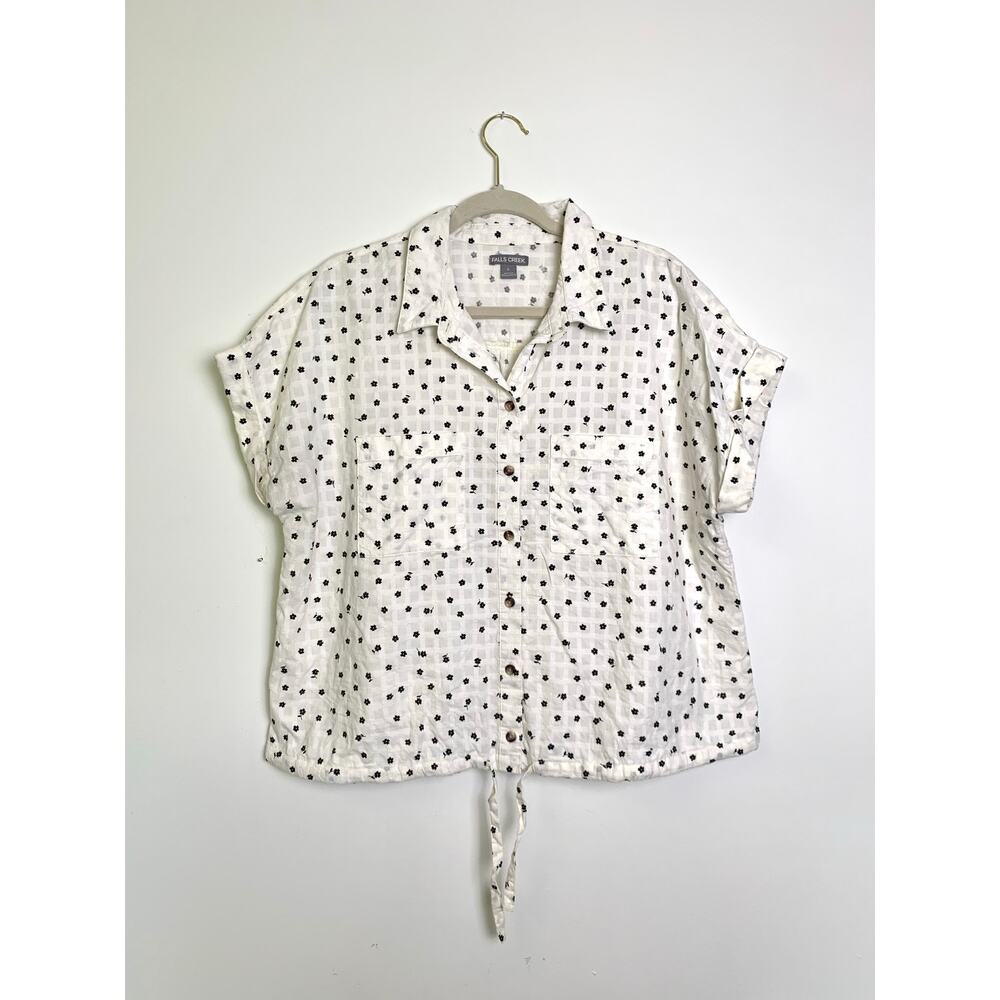 Falls Creek White Floral Cotton Tie-Front Casual Top – Women's Size L
